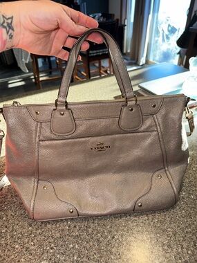Coach Metallic Taupe Pebbled Leather Tote with Gold Hardware
